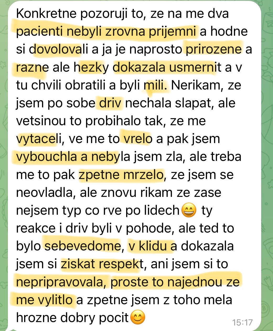 Zpráva od klientky — sebevědomě a v klidu si získala respekt