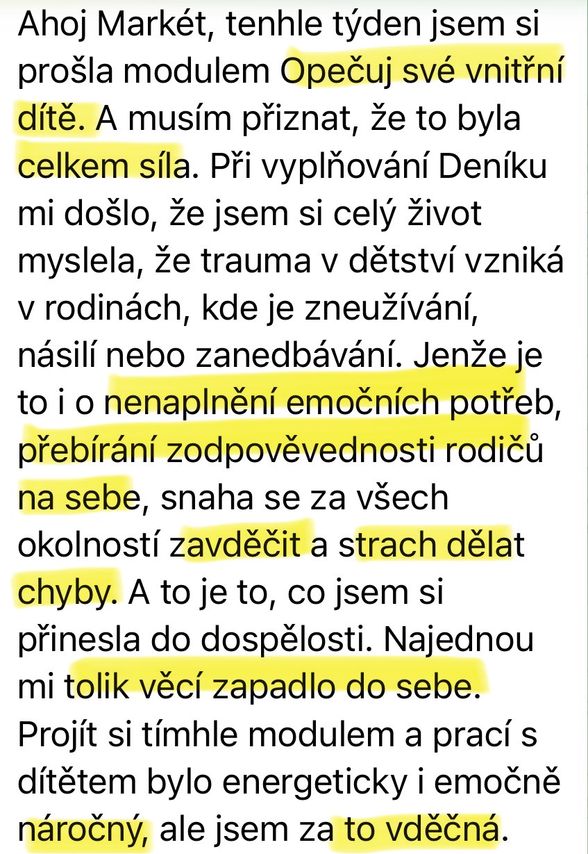 Zpráva od klientky — modul vnitřního dítěte odhalil nenaplněné potřeby