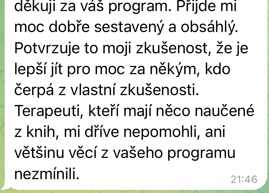 Zpráva od klientky — oceňuje strukturu a komplexnost programu