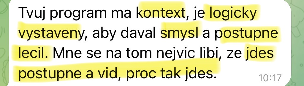 Zpráva od klientky — program má kontext a postupně léčí